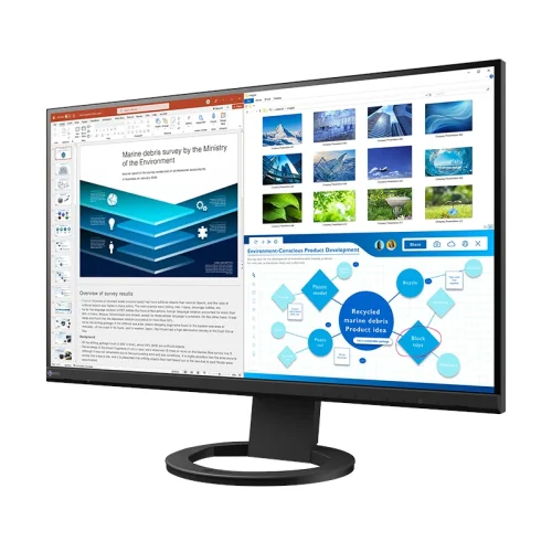 Monitor Eizo FlexScan EV2720S czarny – widok z przodu, ekran WQHD 27" z funkcją wielozadaniowości.