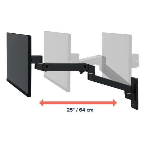 Uchwyt na monitor do ściany Ergotron LX Wall – zakres wysunięcia ramienia do 64 cm.