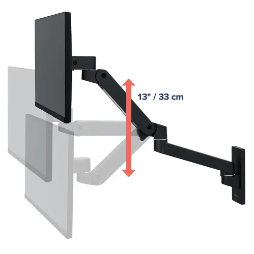 Uchwyt ścienny do monitora Ergotron LX Wall – schemat regulacji wysokości w zakresie 33 cm.