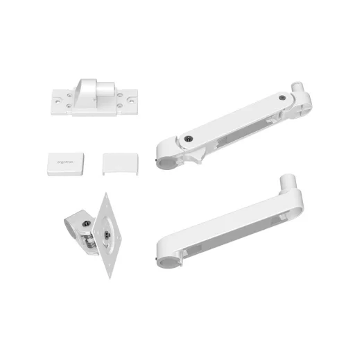 Biały uchwyt na monitor ścienny Ergotron LX Pro Wall – elementy zestawu montażowego i ramię.