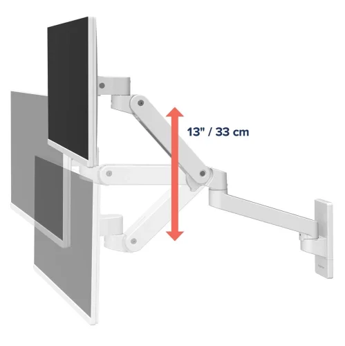 Ergotron LX Pro Wall biały – regulacja wysokości uchwytu ściennego do monitora w zakresie 33 cm.
