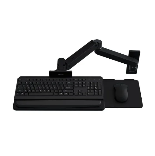 Czarny uchwyt ścienny Ergotron LX Pro z tacką na klawiaturę i mysz. Ergonomiczne rozwiązanie do pracy w biurze lub gabinecie, zapewniające regulację wysokości i porządek na stanowisku.