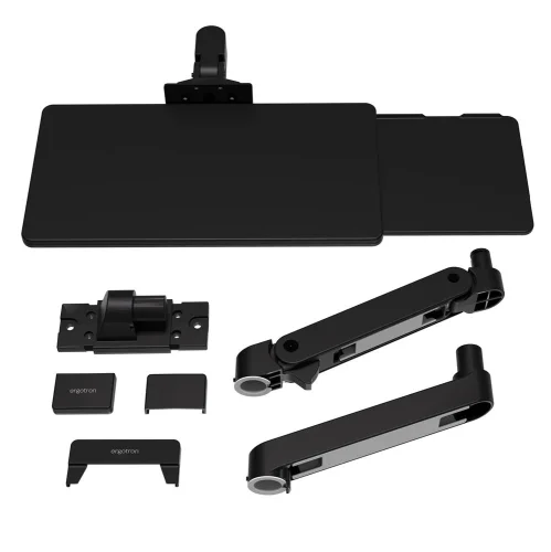 Zestaw elementów Ergotron LX Pro Wall Keyboard Tray – tacka, wysuwana podkładka na mysz, ramię montażowe oraz akcesoria do instalacji.