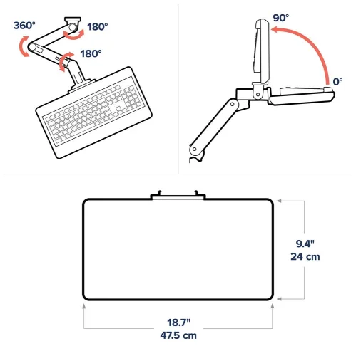 Ilustracja techniczna Ergotron LX Pro Wall Keyboard Tray – pełna regulacja 360°, możliwość złożenia tacki oraz wymiary powierzchni na klawiaturę i mysz.
