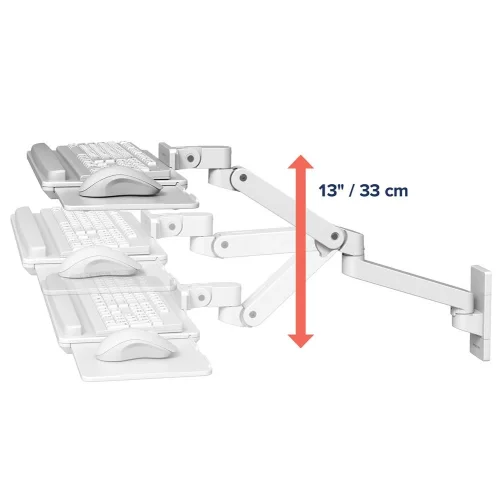 Regulacja wysokości białego uchwytu ściennego Ergotron LX Pro – ergonomiczne dopasowanie do użytkownika.