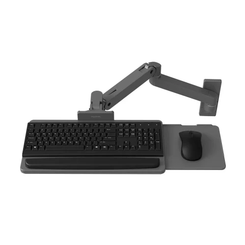 Ciemnoszary uchwyt ścienny Ergotron LX Pro z tacką na klawiaturę i mysz – ergonomiczne rozwiązanie do pracy i oszczędności miejsca.
