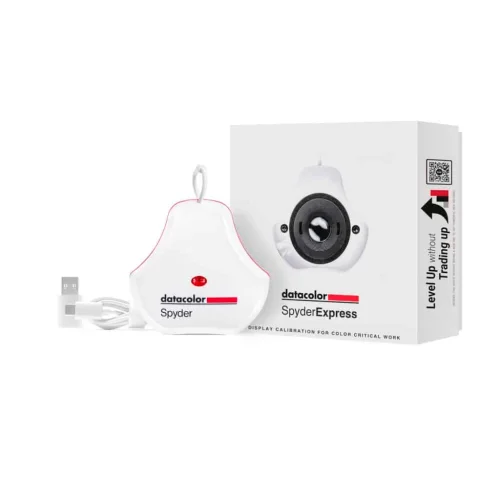 Zestaw kalibratora Datacolor SpyderExpress – sensor, pudełko i akcesoria. Idealny dla fotografów i grafików oczekujących precyzji kolorów.