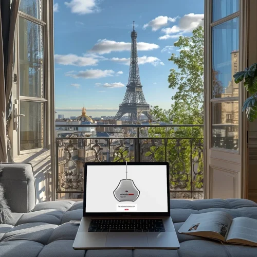 Laptop z widokiem na wieżę Eiffla i działającym kalibratorem SpyderExpress – mobilna kalibracja w każdych warunkach.