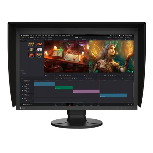 Eizo ColorEdge CG2400SV w akcji podczas montażu wideo. Na ekranie widać oprogramowanie do edycji filmowej i kolorowej animacji, co podkreśla przeznaczenie monitora dla twórców treści i postprodukcji.
