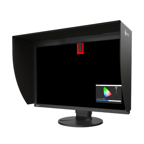Monitor graficzny Eizo ColorEdge CG2400SV z założonym kapturem przeciwsłonecznym i aktywnym sensorem kalibracyjnym. Idealny do pracy w środowisku o kontrolowanym oświetleniu.