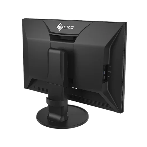 Widok tylnej części monitora Eizo ColorEdge CG2400SV z ergonomiczną podstawą i portami USB umieszczonymi po boku. Konstrukcja ułatwia podłączenie urządzeń i zachowanie porządku na biurku.