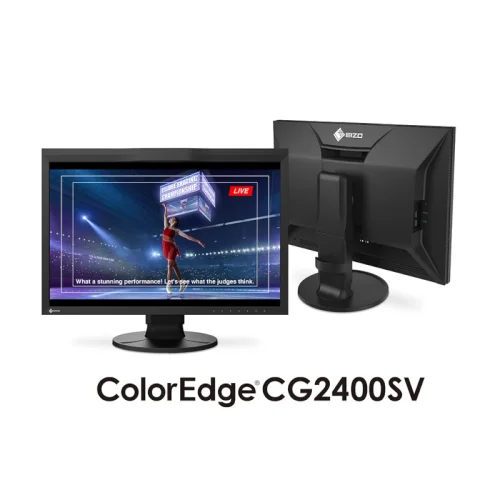 Zestaw dwóch ujęć monitora Eizo ColorEdge CG2400SV – z przodu i z tyłu. Obraz na ekranie przedstawia transmisję sportową w jakości HDR. Idealny do produkcji filmowej, broadcastowej i graficznej.