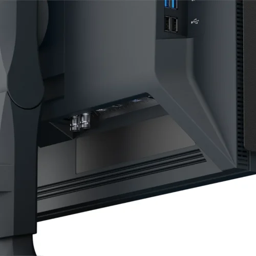 Zbliżenie na boczny panel monitora Eizo ColorEdge CG2400SV z portami USB i złączami SDI. Wyraźnie widać precyzyjne wykonanie i profesjonalne wykończenie obudowy.