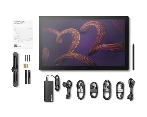 Zobacz tablet graficzny z ekranem Wacom Cintiq Pro 22 wraz z pełnym zestawem akcesoriów. Otrzymujesz gotowe narzędzie do pracy kreatywnej z piórem Wacom Pro Pen 3.