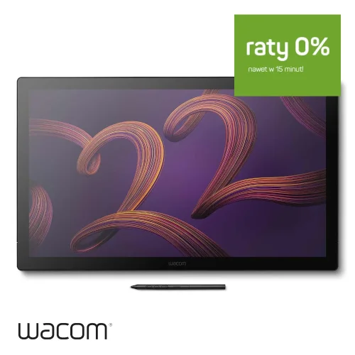 Tablet graficzny z ekranem Wacom Cintiq Pro 22 oferuje wyraźny obraz i pełną wygodę pracy. Na zdjęciu widzisz ekran urządzenia z informacją o ratach zero procent.