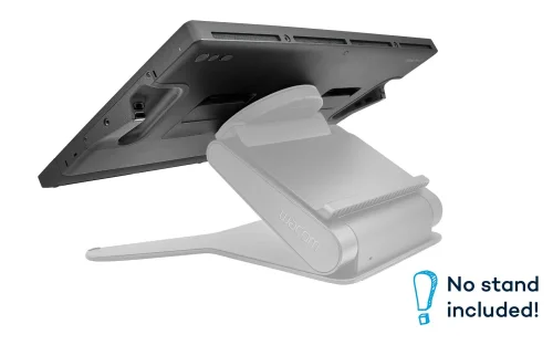 Wacom Cintiq Pro 27 pokazany od tyłu prezentuje mocowania VESA do zewnętrznych ramion. Grafika informuje że podstawa nie znajduje się w zestawie z urządzeniem.