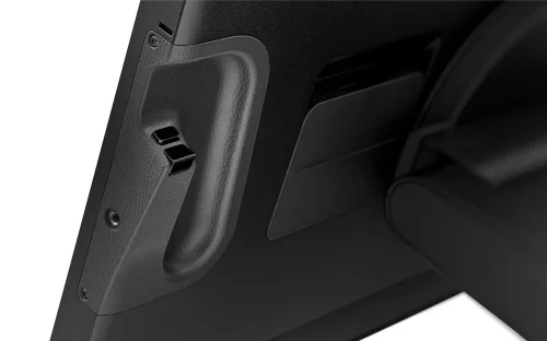 Wacom Cintiq Pro 27 pokazany z bliska ujawnia mocowania akcesoriów i charakterystyczną fakturę obudowy. Ujęcie podkreśla solidną konstrukcję i precyzję wykonania.