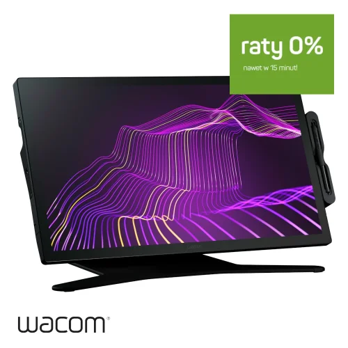 Wacom Cintiq Pro 27 ze stojakiem zapewnia wygodne ustawienie i komfortową pracę przy dużym ekranie 4K. Na zdjęciu znajduje się także informacja o ratach zero procent zachęcająca do zakupu.