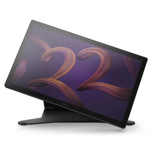 Stojak do Wacom Cintiq Pro 22 zapewnia stabilne podparcie oraz płynną regulację pozycji ekranu. Zdjęcie prezentuje urządzenie ustawione pod kątem i pokazuje szeroki zakres nachylenia.