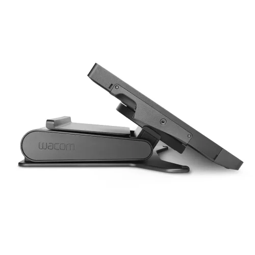 Stojak do Wacom Cintiq Pro 22 pozwala obniżyć ekran do komfortowej pozycji roboczej. Zdjęcie pokazuje ustawienie minimalnej wysokości i kieruje uwagę na szeroki zakres ruchu.