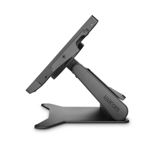 Stojak do Wacom Cintiq Pro 22 oferuje płynną regulację wysokości i kąta, co zwiększa komfort pracy. Zdjęcie prezentuje cały zestaw i podkreśla solidną konstrukcję podstawy.