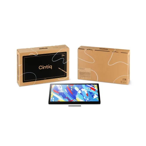 Opakowanie tablet wacom Cintiq 24 touch i zestaw startowy. Kartony z recyklingu oraz tablet ekranowy z piórkiem.