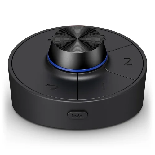 Hotkey Puck G3 oferuje trzy przyciski skrótów i centralne pokrętło do szybkiej regulacji monitora. Ten kąt pokazuje ergonomiczny układ który przyspiesza zmianę ustawień w czasie pracy.