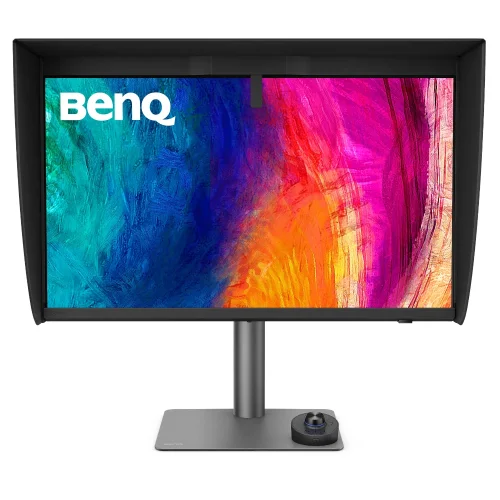Monitor graficzny BenQ PD2770U z osłoną przeciwsłoneczną i Hotkey Puck, idealny do precyzyjnej pracy z kolorem.