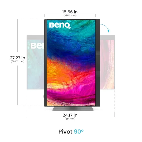BenQ PD2770U w orientacji pionowej, pivot 90°, idealny do layoutów i stron.
