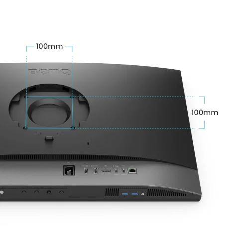 Mocowanie VESA 100x100 w monitorze BenQ PD2770U, przygotowane do ramienia biurkowego.