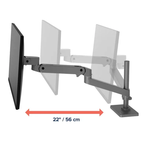 Uchwyt do monitora LX Pro z dużym zakresem wysięgu ramienia do 56 cm umożliwia swobodne ustawienie ekranu nad biurkiem.