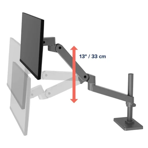 Ramię do monitora LX Pro oferuje regulację wysokości do 33 cm, co pozwala precyzyjnie dopasować pozycję ekranu.