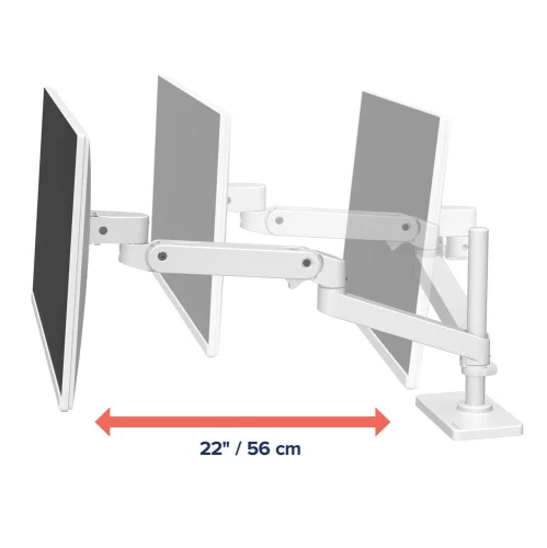 Biały uchwyt do monitora LX Pro z wysięgiem ramienia do 56 cm umożliwia swobodne ustawienie ekranu nad biurkiem.