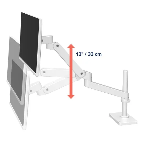Biały uchwyt do monitora LX Pro z regulacją wysokości do 33 cm umożliwia dokładne dopasowanie położenia ekranu do linii wzroku. Ramię do monitora zapewnia wygodną pracę przy biurku oraz poprawia ergonomię stanowiska.