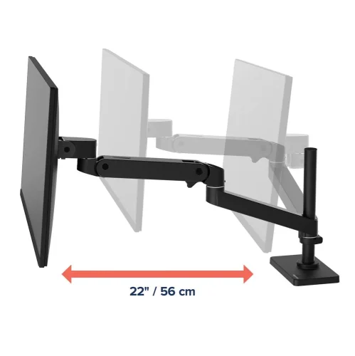 Ramię do monitora LX Pro w kolorze czarnym oferuje regulację wysokości do 33 cm, co ułatwia ergonomiczne ustawienie ekranu.