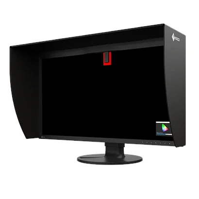 Monitor Eizo CG3100X z założonym kapturem przeciwodblaskowym. Rozwiązanie do pracy studyjnej, które ogranicza wpływ światła otoczenia i poprawia czytelność obrazu podczas korekcji kolorów.