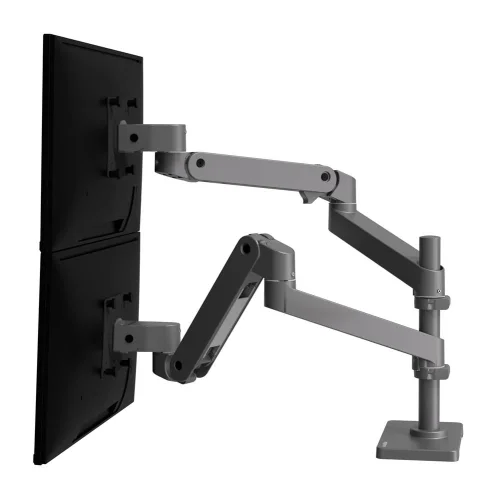 Ergotron LX Pro Dual Stacking Arm dark grey w konfiguracji pionowej. Uchwyt do monitora na biurko umożliwia ustawienie dwóch ekranów jeden nad drugim. Aluminiowe ramię do monitora zapewnia stabilność oraz pełną regulację pozycji.