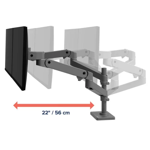 Uchwyt na monitor do biurka z wysięgiem 56 cm. Ramię do monitora Ergotron LX Pro oferuje szeroki zakres ruchu w poziomie, co ułatwia dopasowanie ekranów do stanowiska pracy i zwiększa ergonomię.