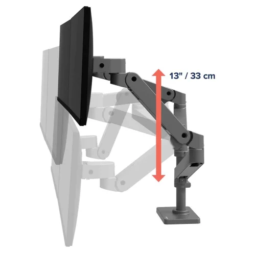 Uchwyt do monitora z regulacją wysokości 33 cm. Ergotron LX Pro Dual Stacking Arm pozwala łatwo podnieść lub obniżyć ekran, aby ustawić go na linii wzroku i poprawić komfort pracy.