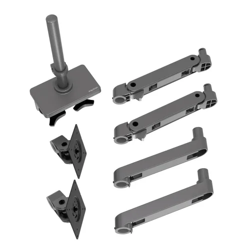 Zawartość zestawu Ergotron LX Pro Dual Stacking Arm. W komplecie znajdują się dwa ramiona, słup montażowy oraz elementy mocujące. Uchwyt do monitorów na biurko umożliwia szybki i stabilny montaż.