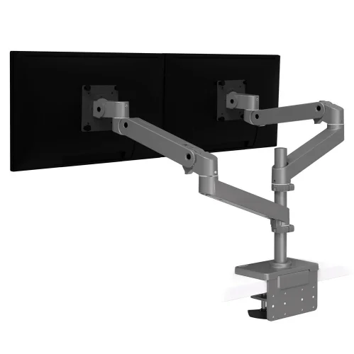 Uchwyt do monitorów Ergotron LX Pro w konfiguracji poziomej. Dwa ramiona umożliwiają niezależną regulację ekranów, co poprawia komfort oraz organizację przestrzeni na biurku.