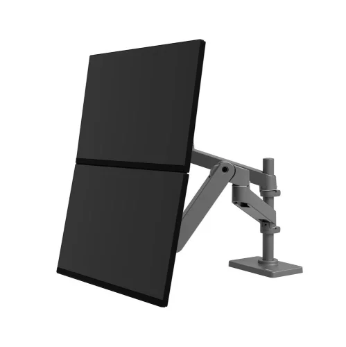 Ergotron LX Pro Dual Stacking Arm w widoku trzy czwarte. Uchwyt do monitora na biurko umożliwia pionowe ustawienie ekranów i płynną regulację w wielu płaszczyznach.
