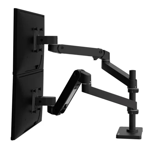 Ergotron LX Pro Dual Stacking Arm czarny w konfiguracji pionowej. Profesjonalny uchwyt do monitora na biurko umożliwia ustawienie dwóch ekranów jeden nad drugim, zapewniając ergonomię i maksymalne wykorzystanie przestrzeni.