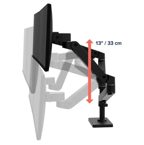 Uchwyt do monitora z regulacją wysokości 33 cm. Czarny Ergotron LX Pro Dual Stacking Arm umożliwia precyzyjne ustawienie ekranów na wysokości oczu, co poprawia komfort pracy.