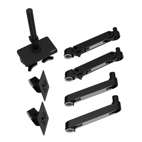 Zawartość zestawu Ergotron LX Pro Dual Stacking Arm czarny. W komplecie znajdują się dwa ramiona, słup montażowy i elementy mocujące do biurka.