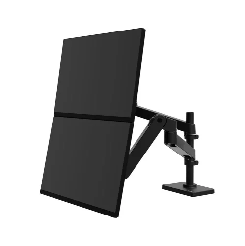 Czarny uchwyt do monitora Ergotron LX Pro w widoku trzy czwarte. Konstrukcja umożliwia pionowe ustawienie dwóch ekranów oraz płynną regulację w wielu płaszczyznach.