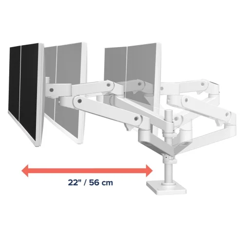 Uchwyt na dwa monitory Ergotron LX Pro biały. Zakres wysuwu ramienia do monitora 22 cale, czyli 56 cm.