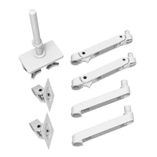 Zawartość zestawu Ergotron LX Pro Dual Stacking Arm 45-690-290. Dwa ramiona, słup, mocowanie biurkowe i elementy montażowe.