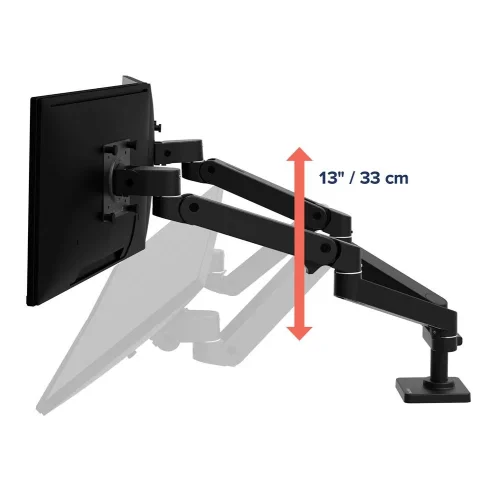 Regulacja wysokości do 33 cm pozwala dopasować pozycję ekranu do Twojej sylwetki. Uchwyt na dwa monitory poprawia ergonomię i redukuje napięcie szyi.