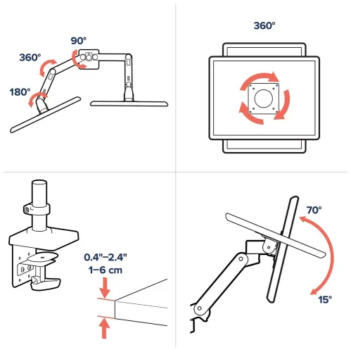 Ergotron LX Pro Dual biały zapewnia pełen zakres regulacji 360°, obrót 180° oraz precyzyjne pochylenie 70° i 15°. Uchwyt na dwa monitory montujesz do blatu o grubości 10–60 mm.